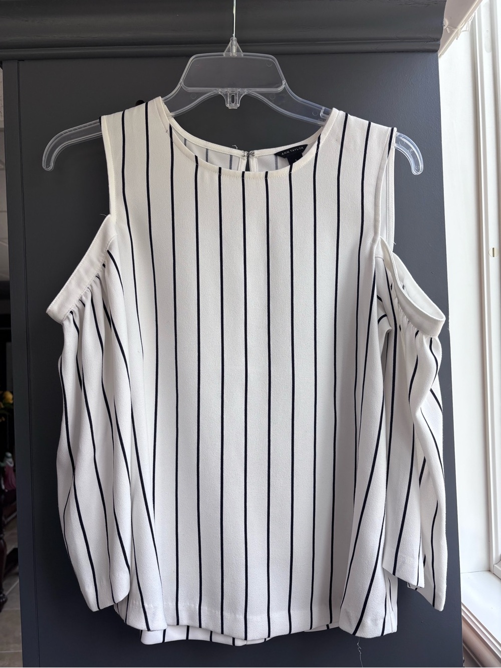 Ann Taylor White Blouse with Black Pinstripes and Cold-Shoulder
